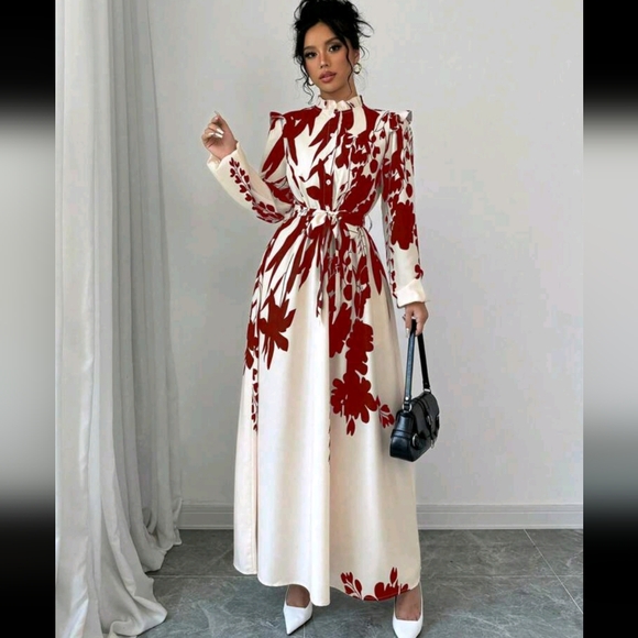 Women's Floral Print Front Button Cinched Waist Wrap Dress, Long - Picture 3 of 5